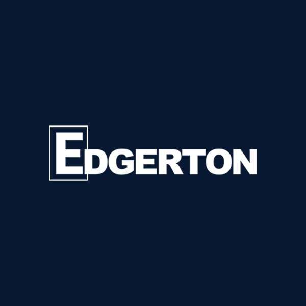 Edgerton in bold white letters on dark blue, E boxed.