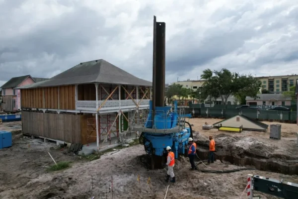 Workers use heavy machinery by a lifted, unfinished wooden house.