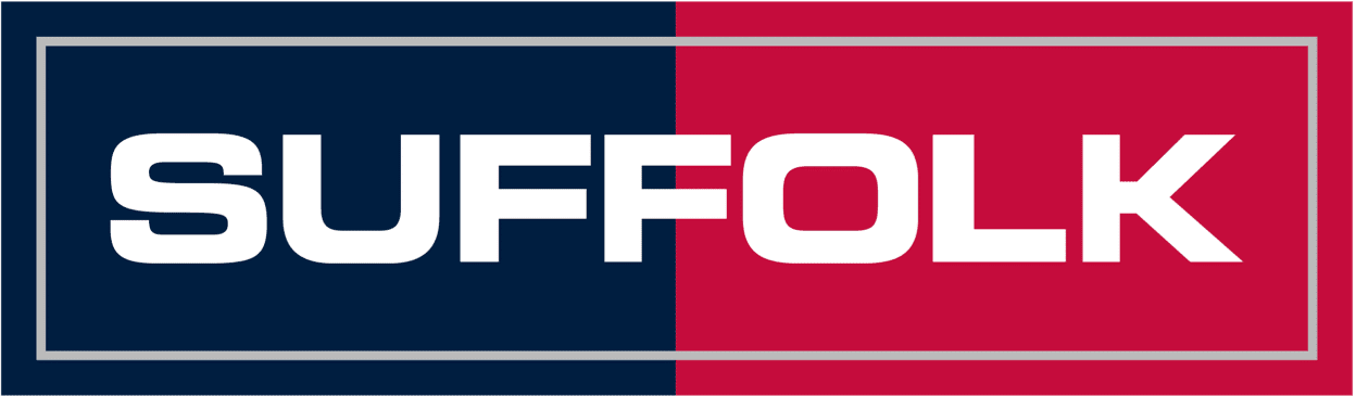 Rectangular SUFFOLK logo, blue and red halves, bold white letters.