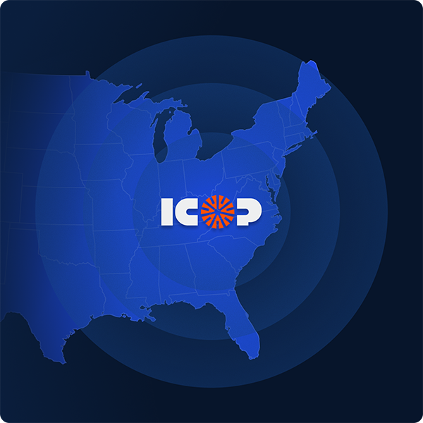 Blue US East map, white ICOP text, orange graphic used for the O.
