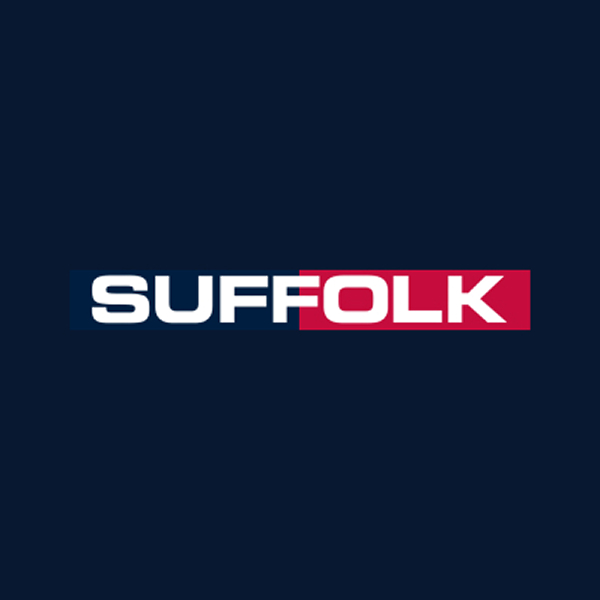 SUFFOLK in bold white text, SUFF on blue, OLK on red.